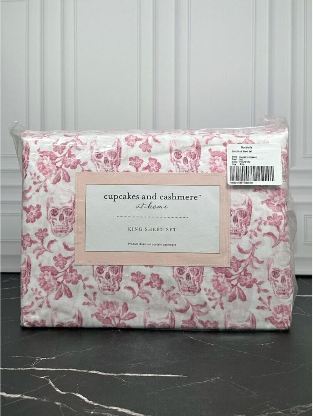 Cupcakes Cashmere Pink Skull Floral Toile King 4pc Sheet Set NWT Goth Halloween